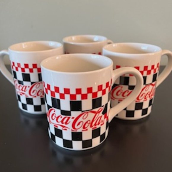 Set of 4 Vintage  Coca Cola Checkerboard  Logo Mugs 1996 ~ Gibson Design ~ Coke - Picture 1 of 8